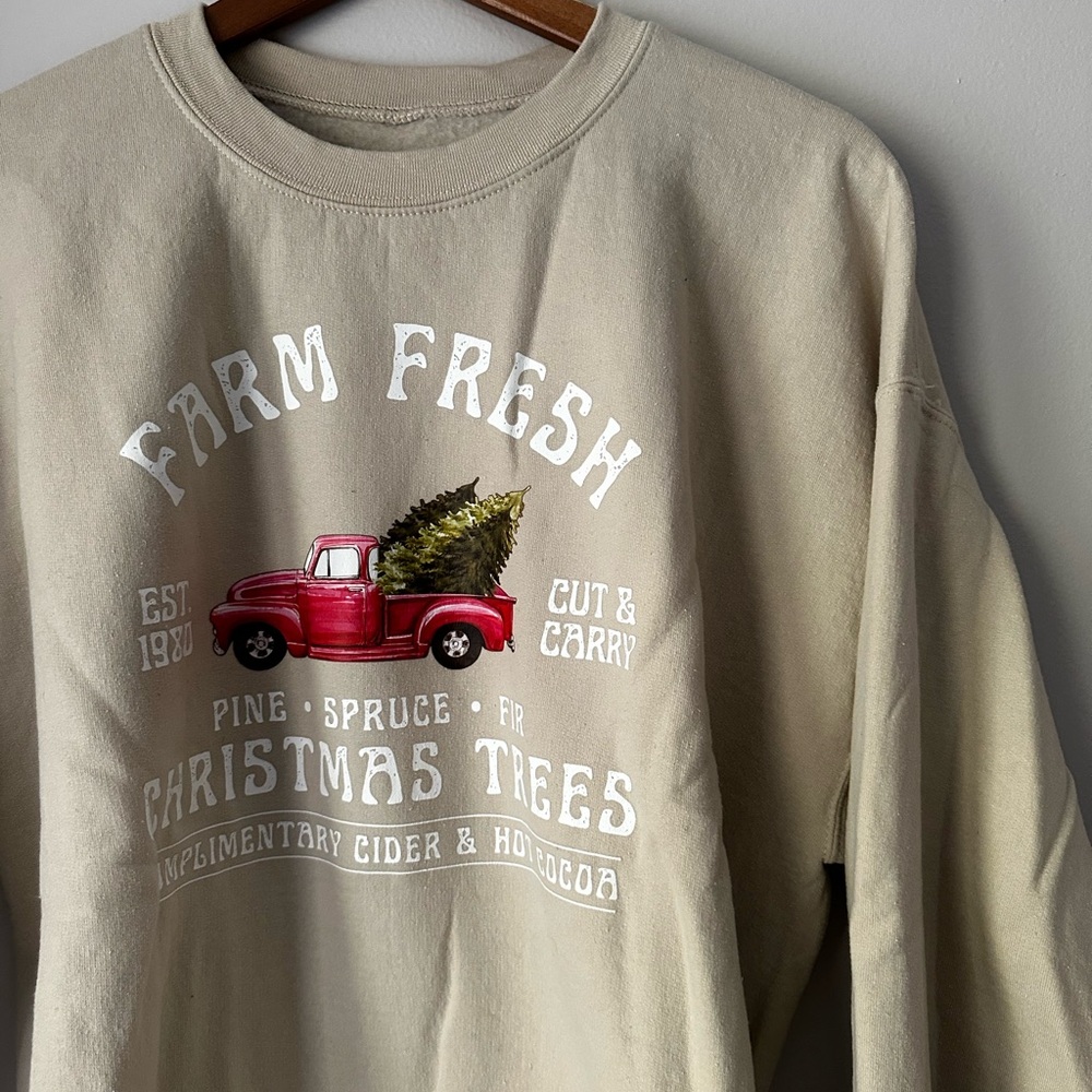 Gildan Beige Crew Neck Sweater with Red Truck Design